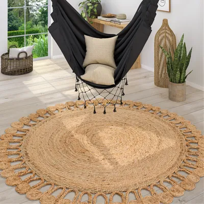 Produktbild von Teppich Rund Wohnzimmer Jute Boho Ethno Muster Modern Handgefertigt Naturteppich Grösse 80 cm Rund