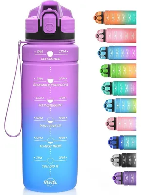 Immagine prodotto di Borraccia sportiva da 500 ml, in Tritan, senza BPA, a prova di perdite, con indicatore del tempo, colore viola e blu