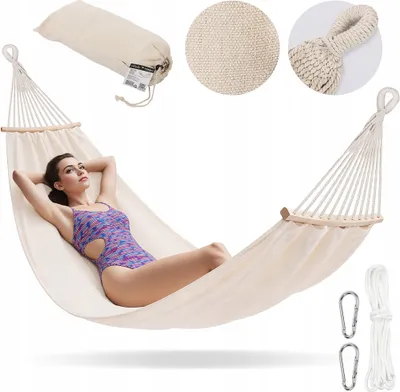 Produktbild von Doppel-Hängematte 200x150 cm Beige – Baumwollmischung mit Spreizstäben – bis 240 kg – für Garten, Balkon und Camping