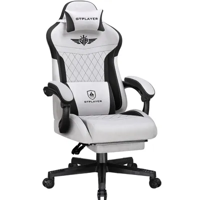 A white and black gaming chair with a headrest and lumbar support.