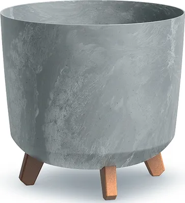 A close-up studio shot of a gray planter with a concrete effect and three brown wooden legs.