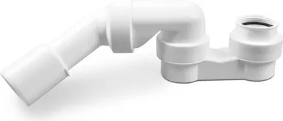 A white plastic siphon with a geruchsverschluss (odor trap) for a bathtub, whirlpool, or shower tray.