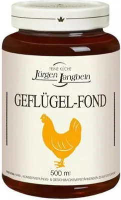 A jar of Jürgen Langbein Geflügel-Fond on a white background.