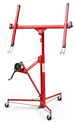 Image de Support élévateur pour plaques de plâtre Peviasot, capacité de 68 kg, hauteur réglable de 126 à 325 cm, rotatif à 360°, couleur rouge