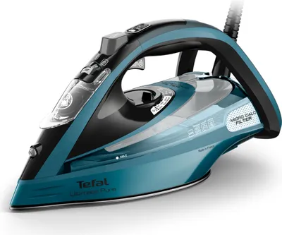 A product shot of a teal and black Tefal steam iron against a white background.