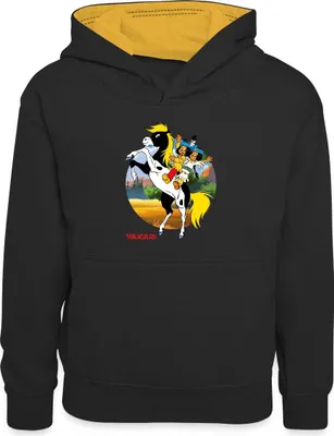 Produktbild von Spreadshirt Yakari Und Regenbogen Auf Kleiner Donner Kinder Kontrast-Hoodie, XS (3/4 years), Schwarz/Gold