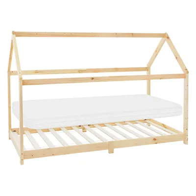 Obrázek produktu pro ML-Design dětská postel 90x200 cm s matrací, stříškou a lamelovým roštem, přírodní, domácí postel z borovicového dřeva podlahová postel dřevěná postel