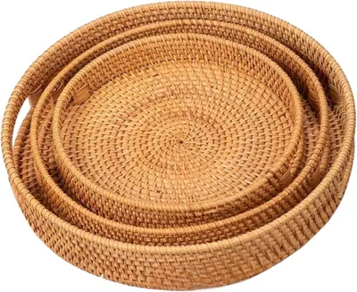 Produktbild von Handgewebtes Rattan-Tablett mit Griffen - Set von 3