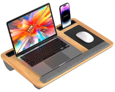 Zdjęcie produktu dla Stołek pod laptopa Izrielar, podkładka pod laptopa z kieszenią na karty, przenośny stojak na laptopa, podkładka na kolana do notebooka, z podkładką pod mysz, z uchwytem