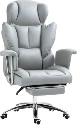 A gray office chair with a footrest is shown against a white background.