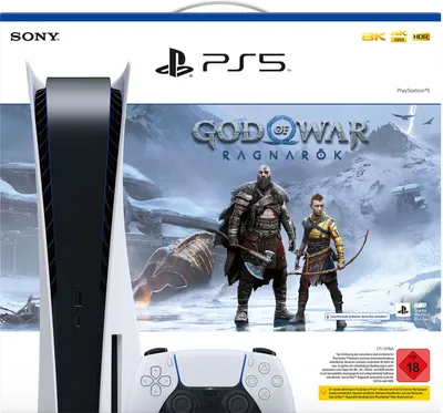 The image shows the packaging of a Sony PlayStation 5 console bundle that includes the game God of War Ragnarök.