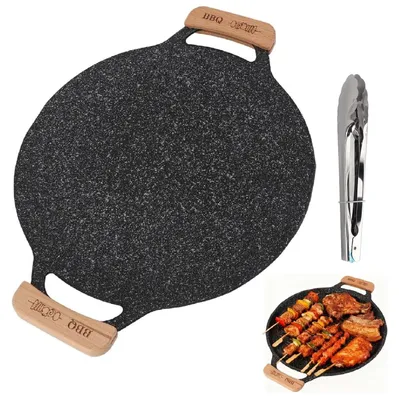 Produktbild von Grillpfanne, 38 cm - Runde Grillpfanne - Grillpfanne aus Gusseisen - Antihaftbeschichtung - Holzgriffe - Für Camping/Grillen - Grillplatte