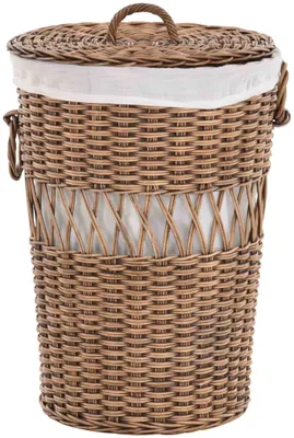 A round rattan laundry basket with a white liner and lid.