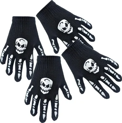 Produktbild von com-four® 2 Paar Skelett-Handschuhe Strick - Kostümzubehör mit Knochenmuster und Totenschädel für Halloween, Día de Muertos, Cosplay - Geister-Hände für Kinder - Gerippe-Hände