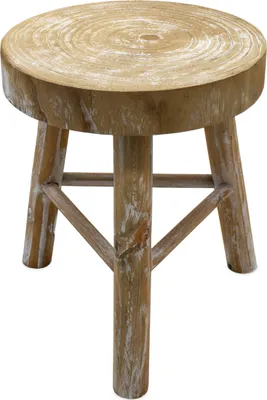 A wooden stool with a round top and three legs, presented against a white background.