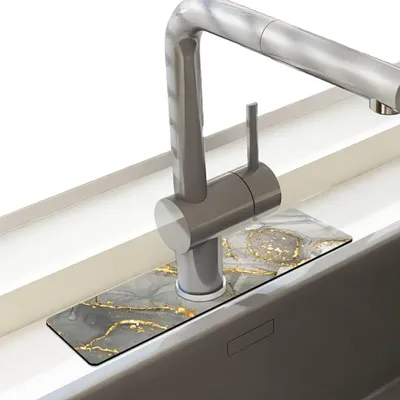 Produktbild von HSXL – Kieselgurmatte für Wasserhahn – Waschbecken – Abtropfmatte – Abtropffläche – Küche – Wasserhahnmatte – rutschfest – 38 x 10 cm – Grau/Weiß/Gold – Marmoroptik