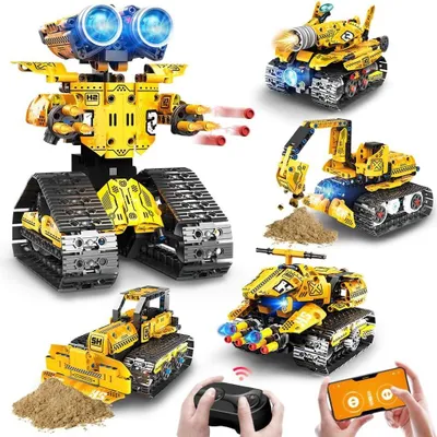 Produktbild von 5 IN 1 Technik Ferngesteuert Roboter Bauspielzeug Set - 496 Stück RC Bagger Bulldozer mit App & Fernsteuerung, Technic Auto Racer Spielzeug für 6 7 8 9 10+ Jahren alte Kinder Jungen Mädchen