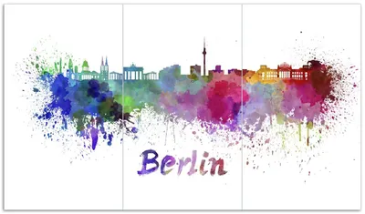 Produktbild von Wallario Herdabdeckplatte aus Glas, Größe 90 x 52 cm 3-teilig, Motiv Städte als Aquarell - Skyline von Berlin