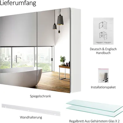Produktbild von EMKE Spiegelschrank Bad 85x65cm, Rostfreier Aluminium Badezimmerschrank mit 2 Türen, Wandmontage Horizontal, Soft-Close Scharniere, Weiß