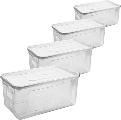 Four transparent plastic storage boxes with gray lids are stacked diagonally on a white background.