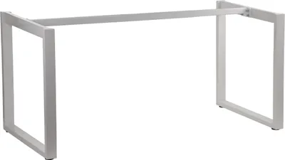 A white metal table frame with adjustable legs on a white background.