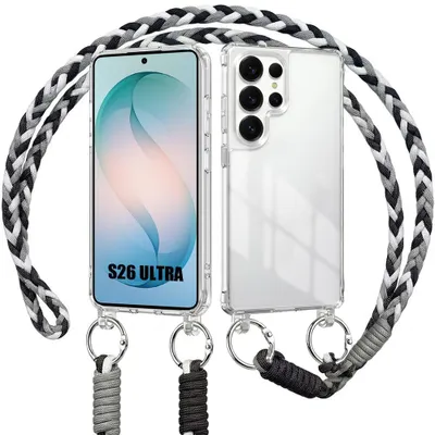 Image de Coque pour Samsung Galaxy S26 Ultra, Bumper Rigide Slim Antichoc Transparent avec Cordon Noir Blanc