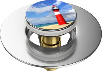 Produktbild von SANILO® Pop-Up Waschbeckenstöpsel, universal Pop Up Abflussstopfen mit Motiv - Leuchtturm