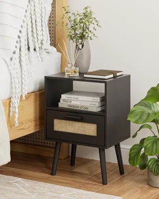 Immagine prodotto di Omgoods - Comodino in rattan con cassetto e ripiano aperto, ideale per la camera da letto