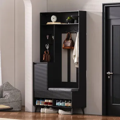 Produktbild von Odikalo Garderobenschrank Kombi-Stehschrank Flurgarderobe Kleiderschrank 100x35x180 Schwarz