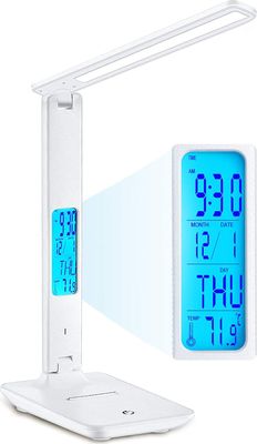 LED Schreibtischleuchte mit Thermometer und Uhr Schreibtischlampe Tischleuchte Leselampe Nachttischlampe Nachttischlampe Tischlampe Bürolampe Weiß Retoo
