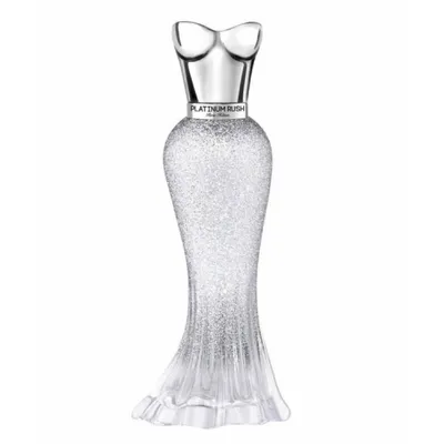 A perfume bottle shaped like a dress with glitter.