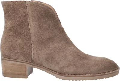 A side view of a brown suede ankle boot.