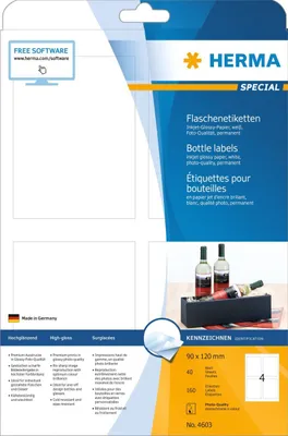 Obrázok produktu pre Etikety na fľaše HERMA A4, 90 x 120 mm, lesklý papier, biely, permanentné lepidlo