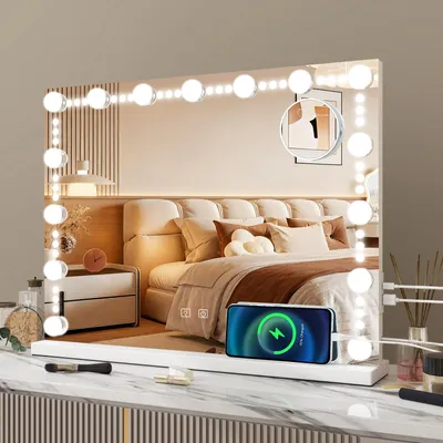 Obrázek produktu pro Puluomis Kosmetické zrcadlo Hollywood 15 LED 58x45cm 3 barvy Stmívatelné zrcadlo na líčení s osvětlením, USB, TYPC, 10x zvětšení, zrcadlo Nástěnné zrcadlo bílé