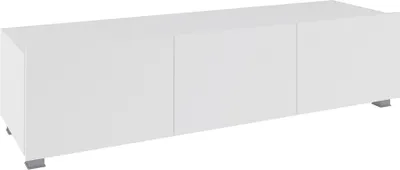A white, three-door cabinet with silver legs on a white background.