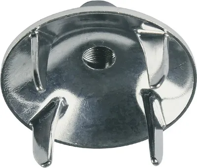 A close-up, top-down view of a polished metal accessory for a hand blender.