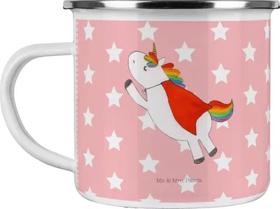 Produktbild von Mr. & Mrs. Panda Emaille Tasse Einhorn Super - Rot Pastell - Geschenk, Einhörner, Teetasse, Freundin, Unicorn, Held, Reisebecher, Pott, metallbecher, Superheld, becher