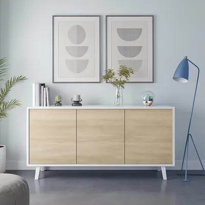 Produktbild von Anrichte Dacell, Modernes Sideboard mit 3 Türen und Einlegeböden, Küchenbuffet, Wohnzimmer-Design-Buffet, 154x40h75 cm, Weiß und Eiche