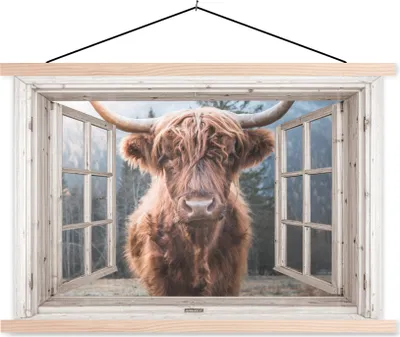 Produktbild von MuchoWow® Textilposter Schottisches Hochlandrind - Kuh - Berg - Aussicht 60x40 cm mit holzfarbenen Rahmen - Bilder