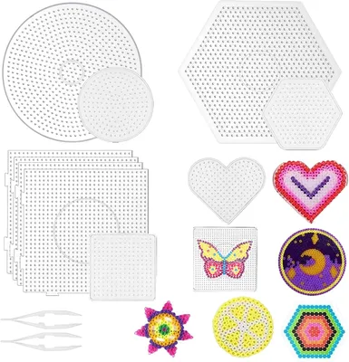 Produktbild von Set aus 10 Bügelperlenplatten, transparente Schablonen, 5 mm, inklusive Pinzette und DIY-Stift, für kreative