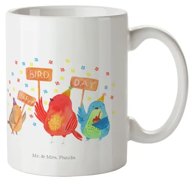 Produktbild von Mr. & Mrs. Panda Bedruckte Tasse 18. Geburtstag Happy Bird Day - Weiß - Geschenk, Becher, Party, Henkelpott, Birthday, für, Kaffeetasse, Vögel, Trinkbecher, Kaffeebecher