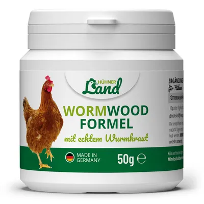 Produktbild von HÜHNER Land Wormwood Formel 50g Pulver – für Hühner & Geflügel, mit echtem Wurmkraut (Artemisia Absinthium) in rezepturbasierter Pflanzenformel, geeignet für Hühner