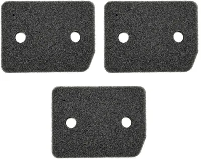 Three black foam filters are arranged in a staggered pattern on a white background.