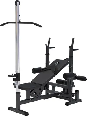 Produktbild von GORILLA SPORTS® Kraftstation - Hantelbank mit verstellbare Hantelablage, Latzugturm, Butterfly, Beincurler, Schwarz - Trainingsbank, Fitnessstation, Trainingsstation