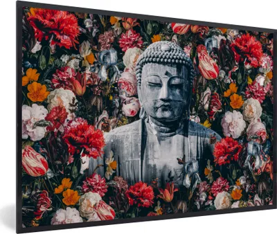 Produktbild von MuchoWow® MuchoWow® Gerahmtes Poster Buddha - Steine - Blumen 90x60 cm - Poster mit zchwarzem Bilderrahmen - Fotorahmen - Foto-Plakat