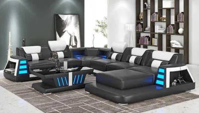 Produktbild von Couch Zeitgenössisch Ecksofa U Form Schwarz Wohnlandschaft Ledersofa Sofa