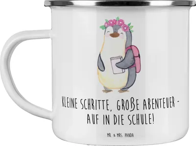 Produktbild von Mr. & Mrs. Panda Teetasse Schulanfang Abenteuer - Weiß - Geschenk, Trost, kleine Schritte, Vertrauem, Ermutigung, liebevoll gefertigt, Schulstarter, Haferl, Reisebecher