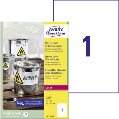 Produktbild von Avery Zweckform L4775-100 Wetterfeste Folien-Etiketten, 210 x 297 mm, 100 Bogen/100 Etiketten, weiß
