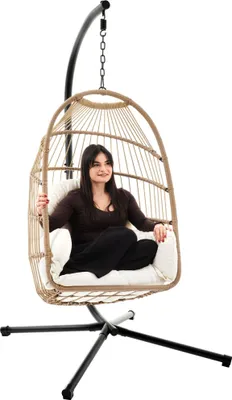 Produktbild von di volio Hängesessel mit Gestell Beluno beige, Hängestuhl für Indoor & Outdoor, inkl. Kissen, bis 150 kg belastbar, ideal für Garten, klappbar