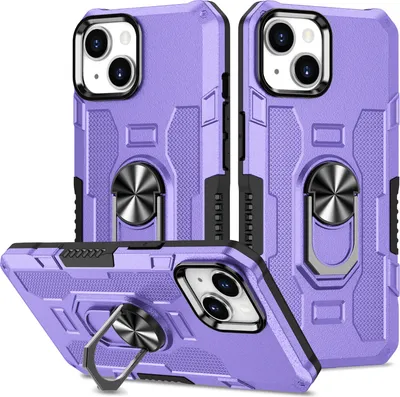 Immagine prodotto di custodia per iPhone 14, resistente custodia a doppio strato con supporto ad anello e supporto per iPhone 14 Viola